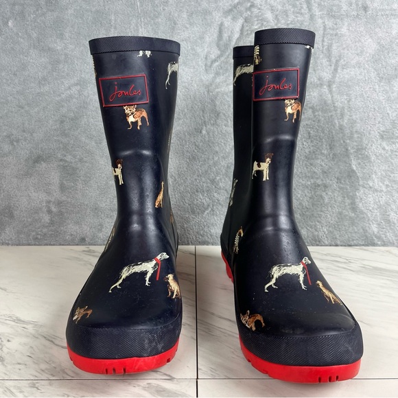 Joules Molly Dog Print Welly Rain Boots US Size 10 Slip On Galoshes Navy Blue - Picture 9 of 16